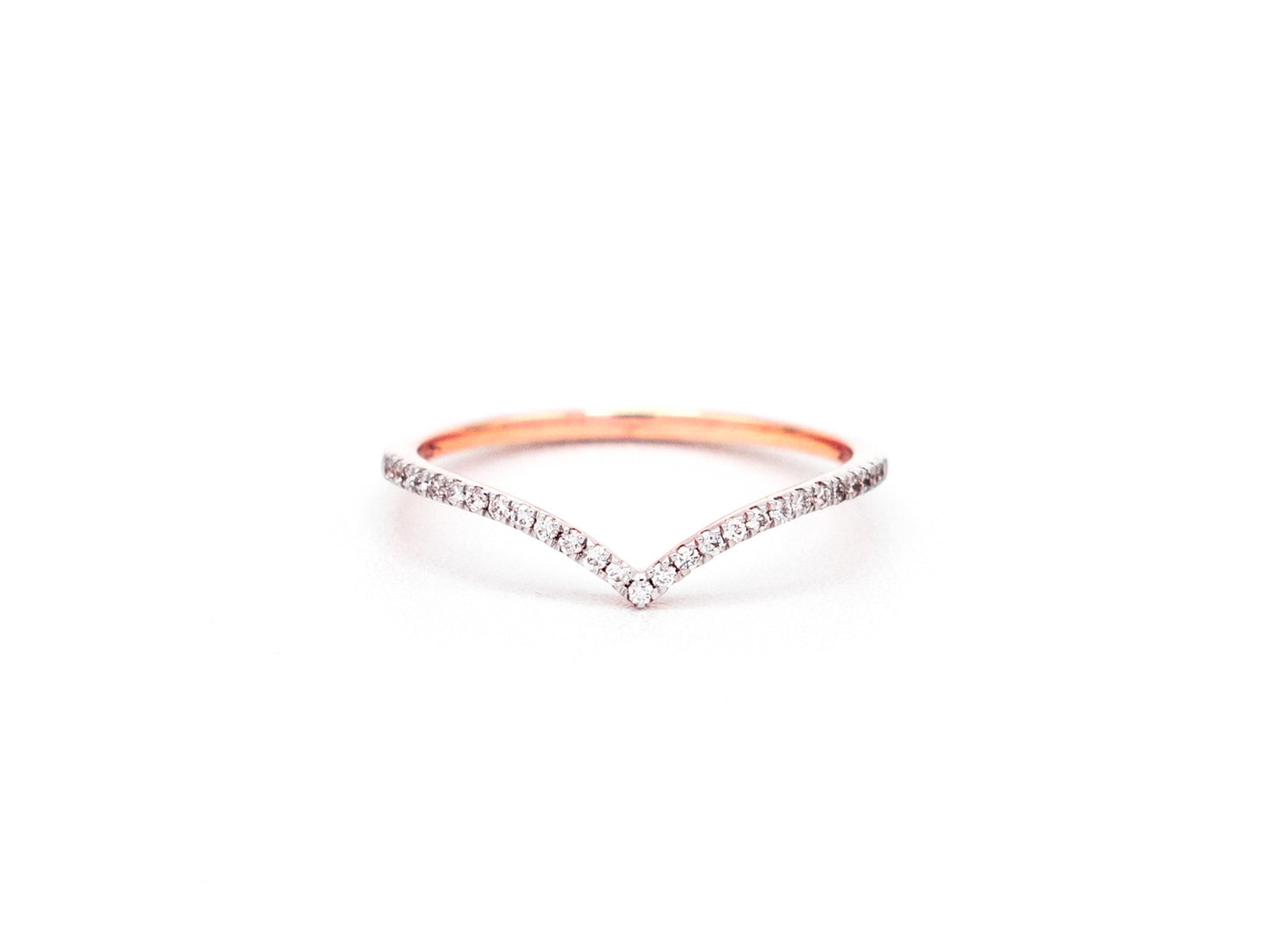 14k rose gold, pave, lab diamond, stacking ring, v shaped, front view