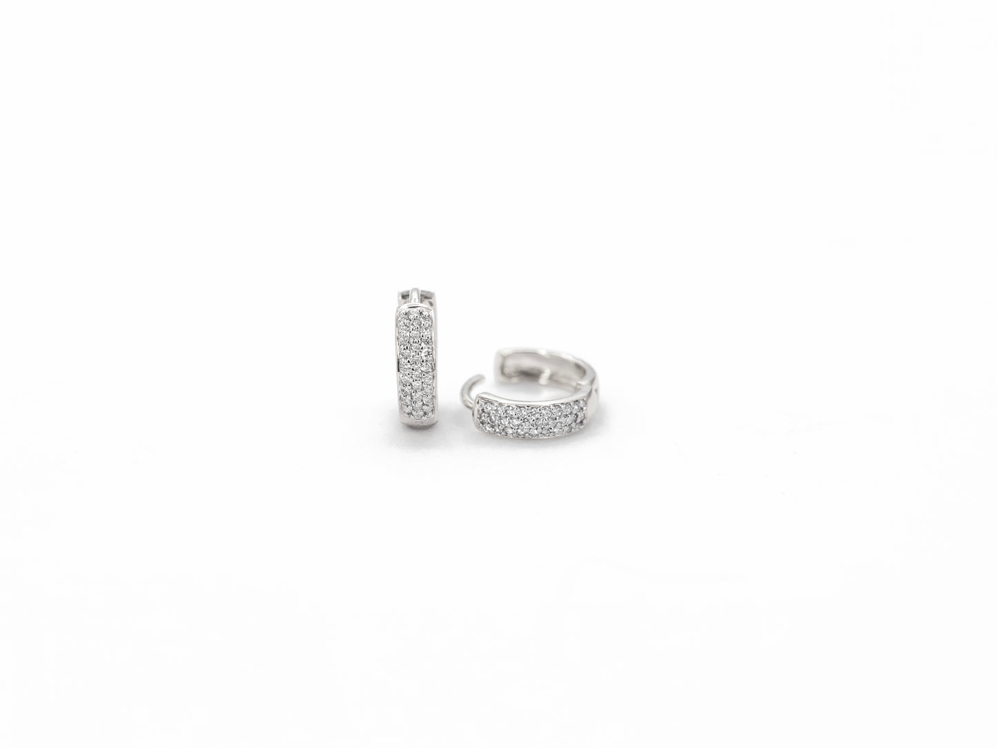 14k white gold, pavé lab diamond hoop earrings, front and side view