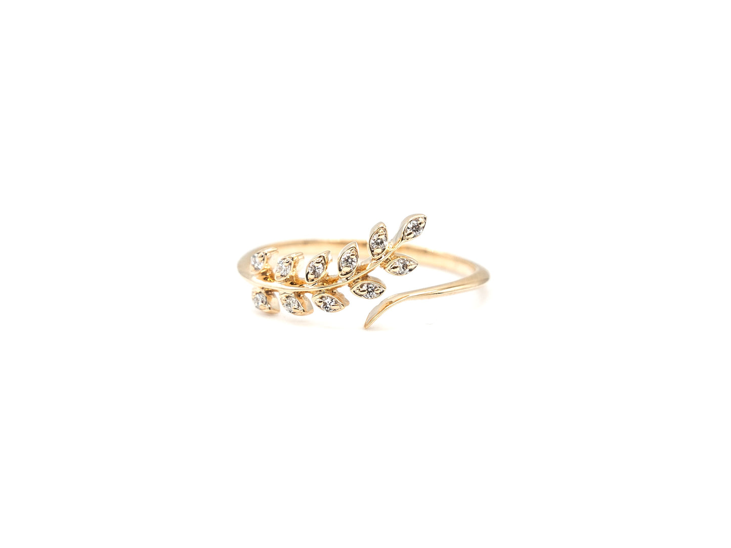 14k yellow gold, botanical leaf, lab diamond, wrap ring, front view