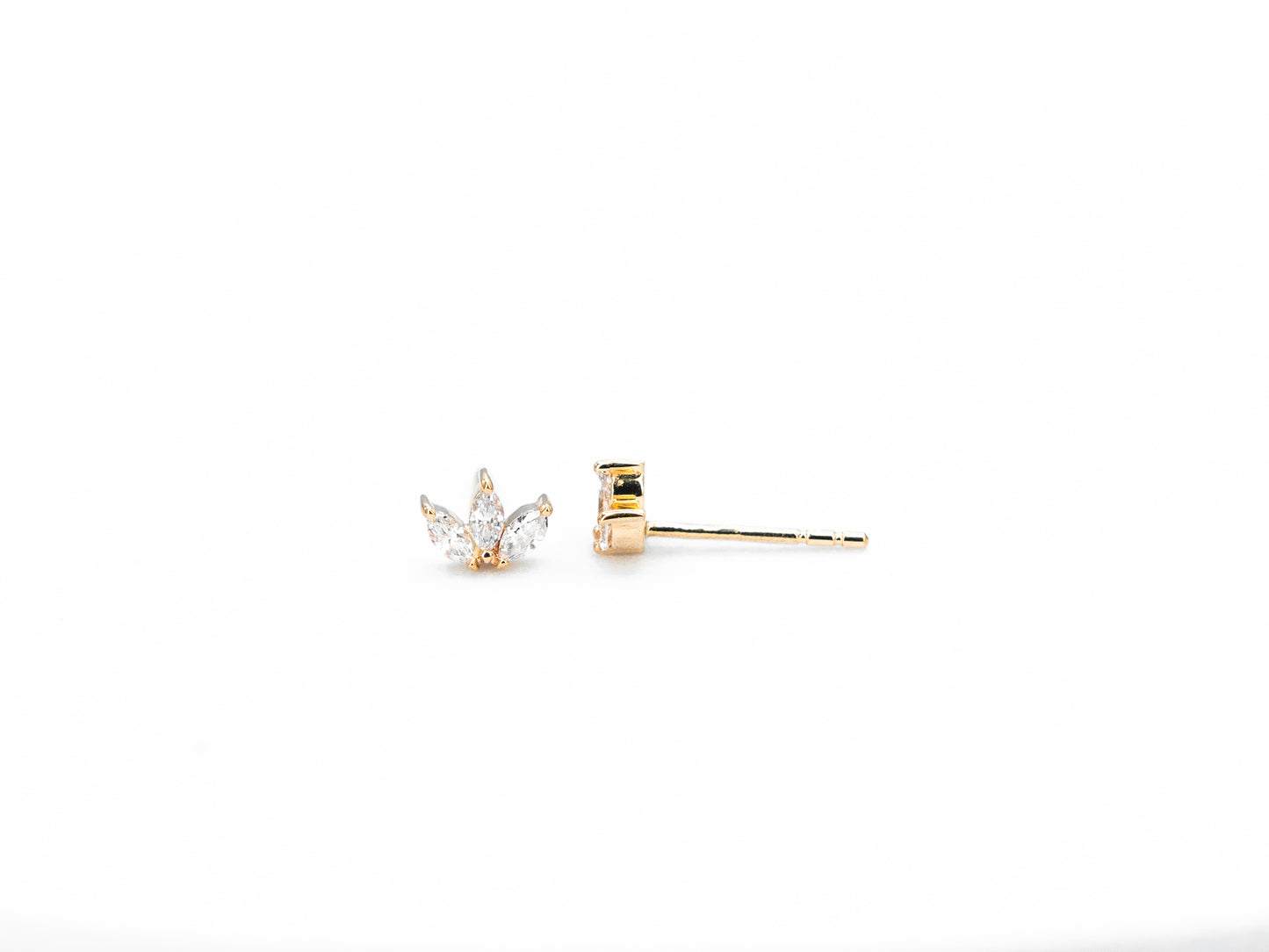 yellow gold marquise diamond stud earrings, front and side view