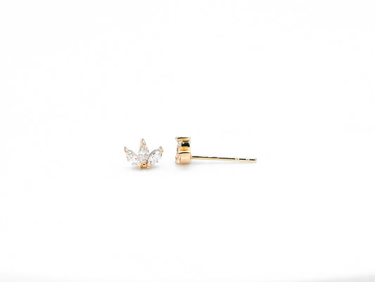 yellow gold marquise diamond stud earrings, front and side view