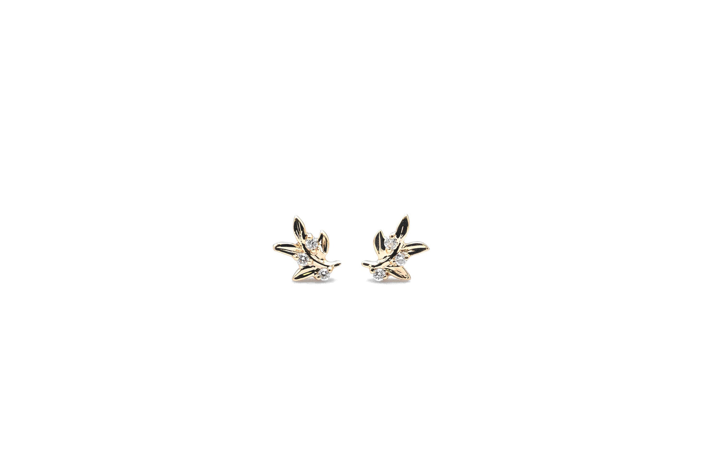 yellow gold leaf shaped diamond stud earrings front view