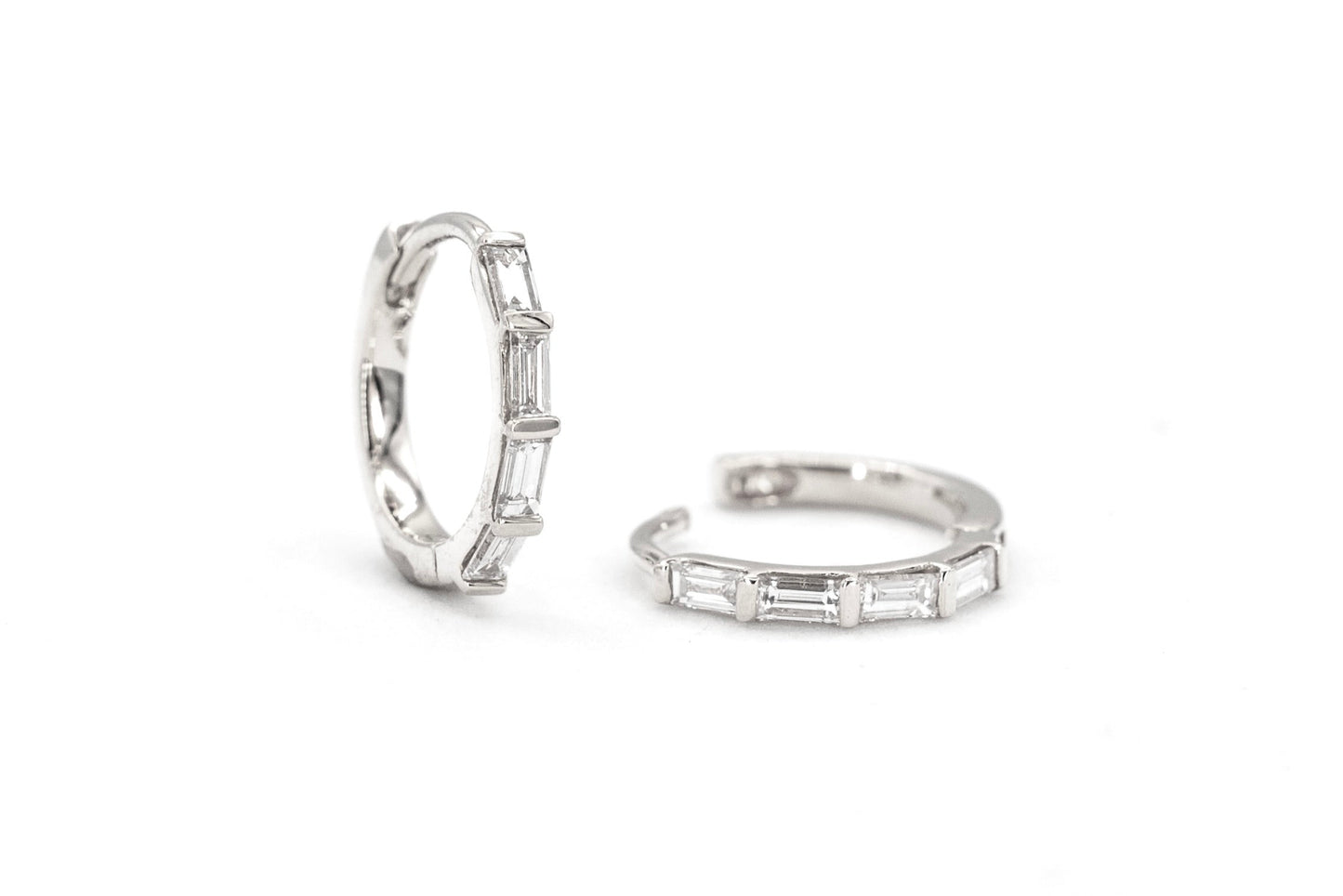 14k white gold, baguette lab diamond hoop earrings, front and side view