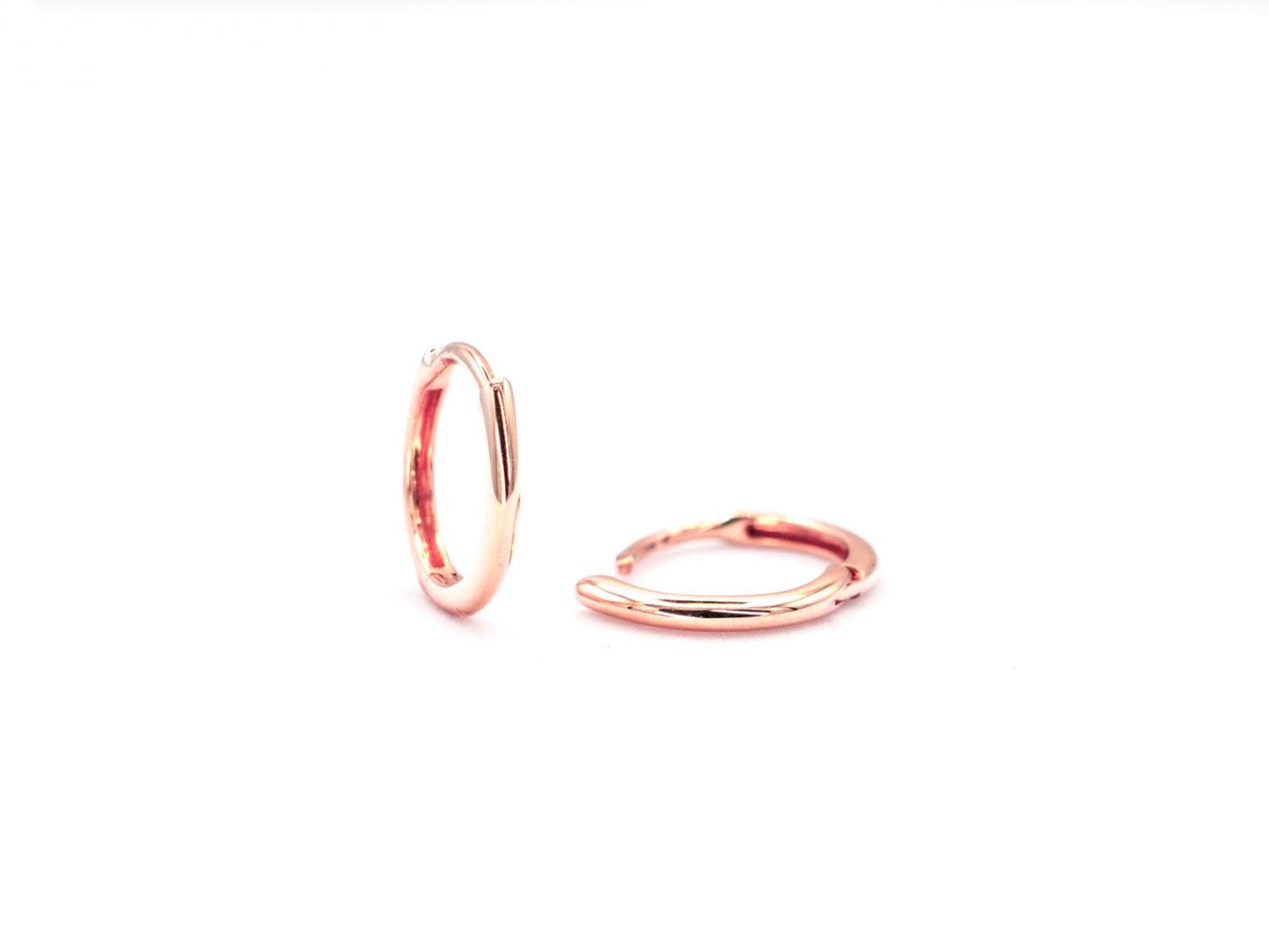 14k rose gold hoop earrings, front and side view