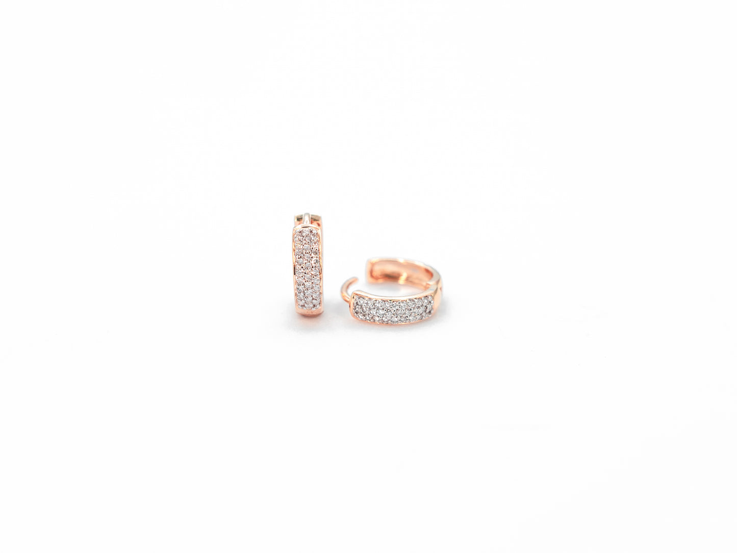 14k rose gold, pavé lab diamond hoop earrings, front and side view