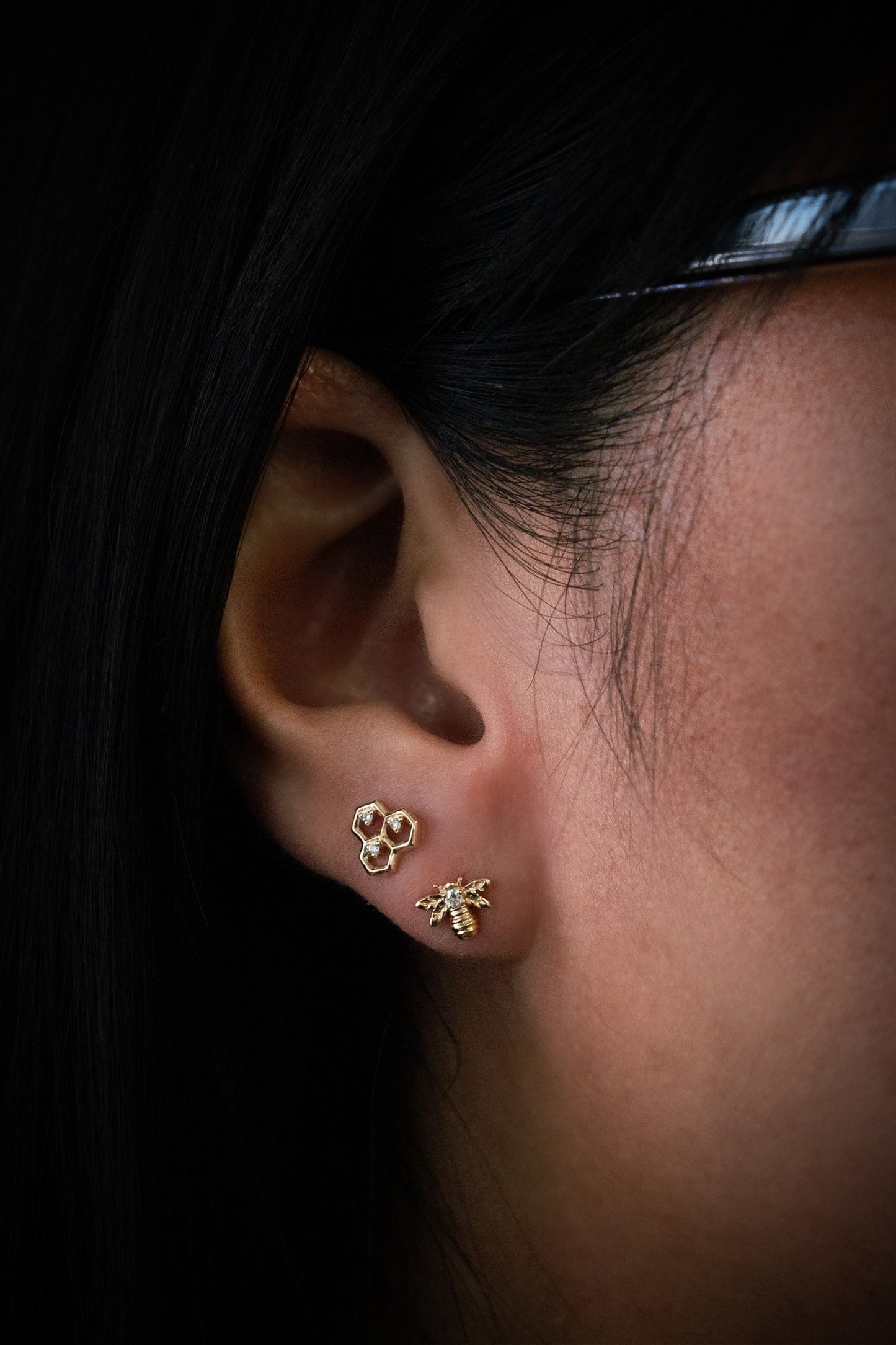 Bee and Honey Comb Diamond Stud Earrings