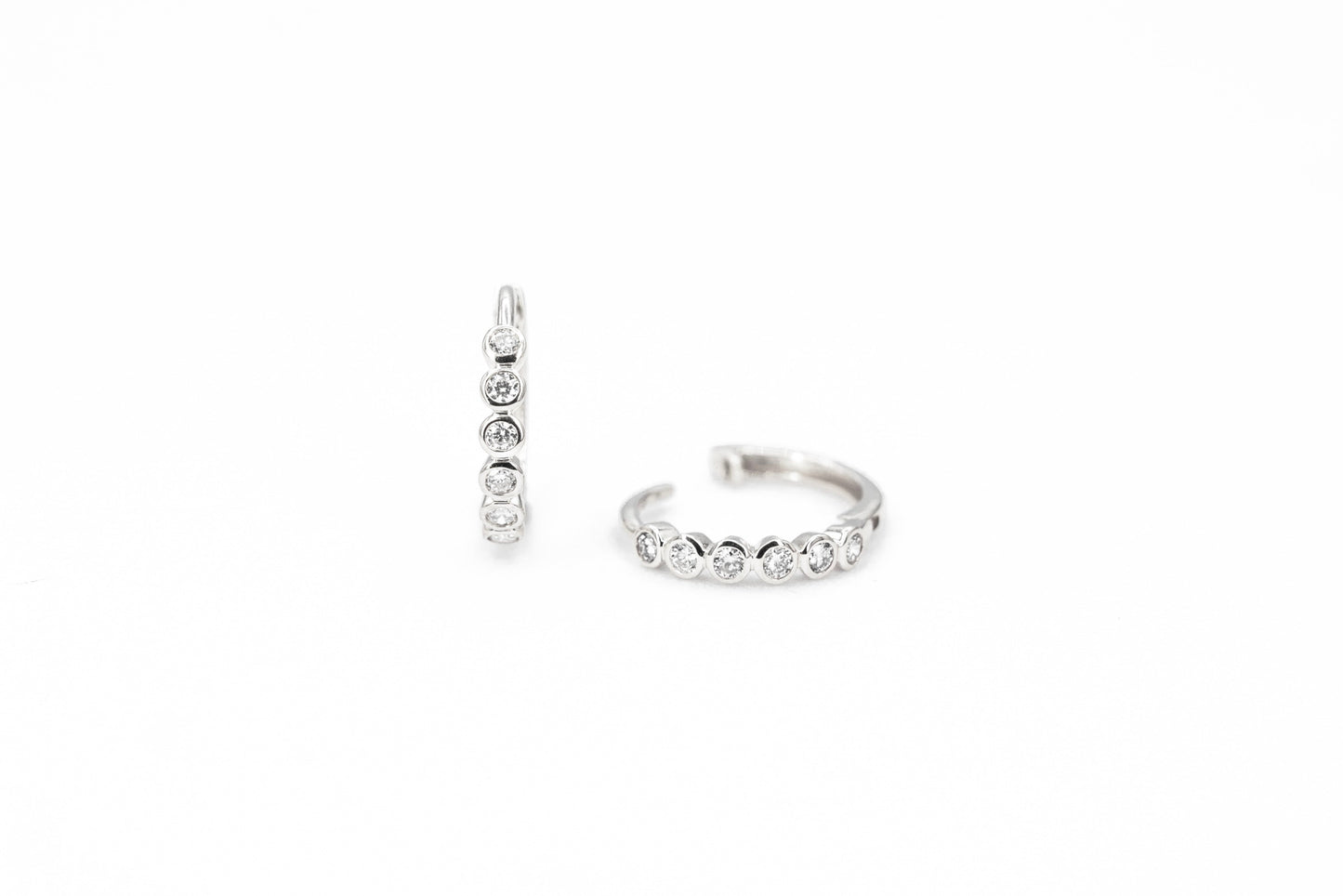 white gold, diamond bezel set hoop earrings, front and side view