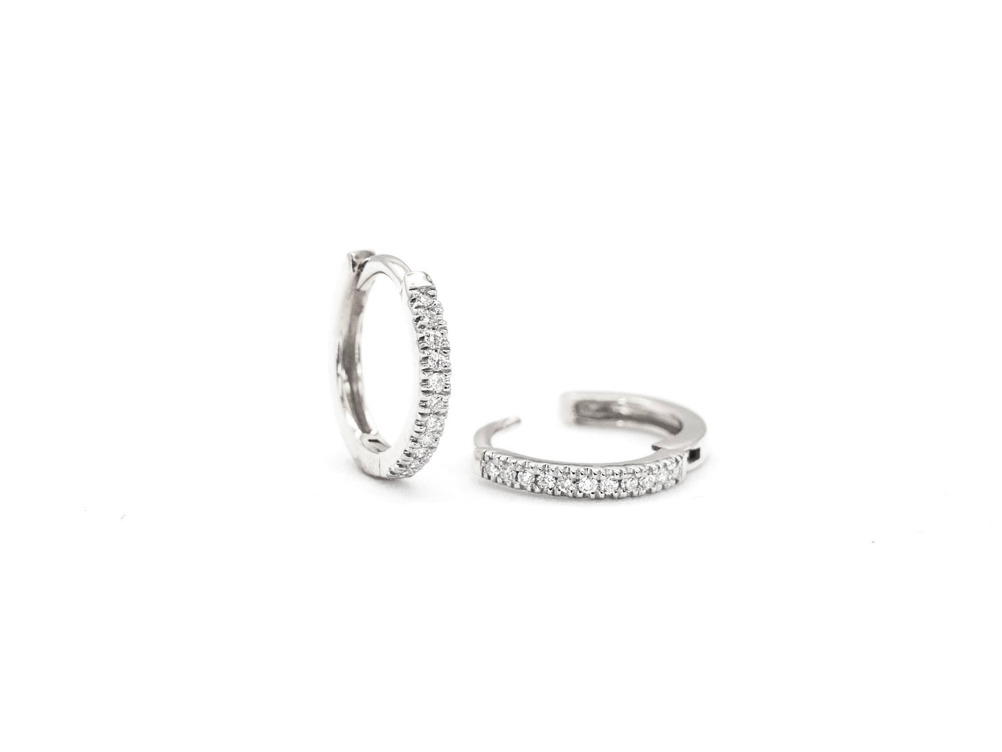 14k white gold, lab diamond hoop earrings, front and side view