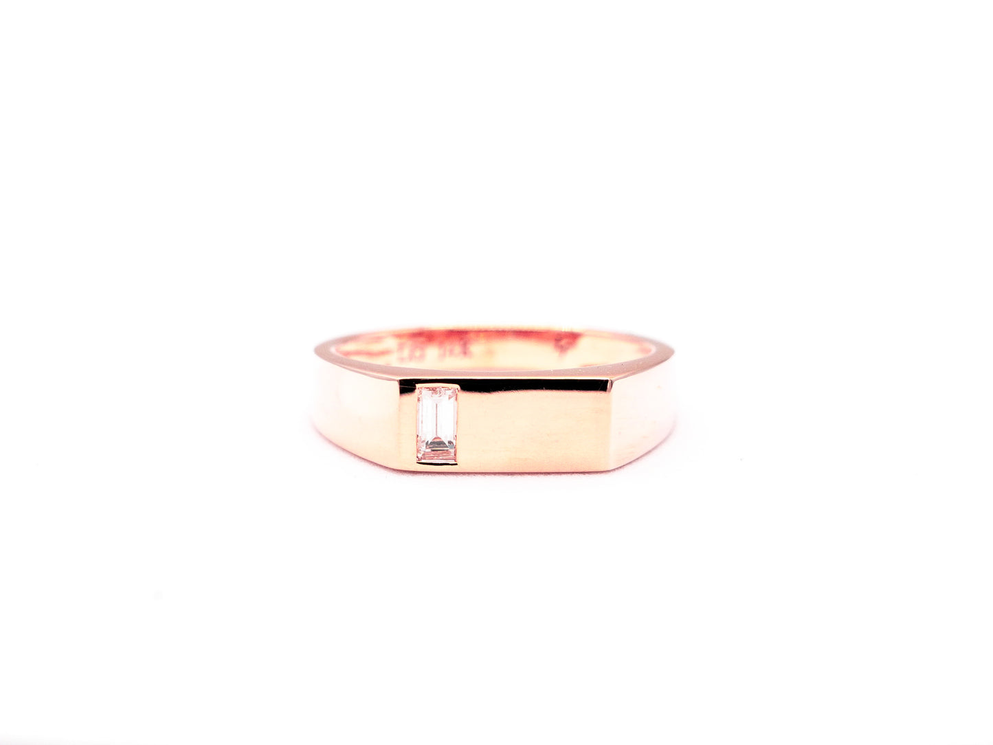 14k rose gold, baguette diamond, bold ring, front view