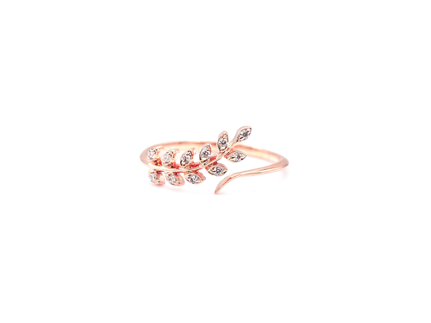 14k rose gold, botanical leaf, lab diamond, wrap ring, front view