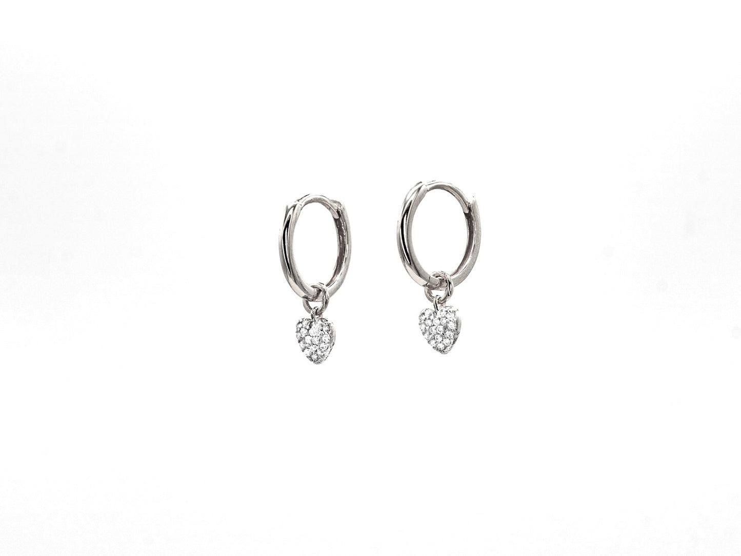 14k white gold, lab diamond, heart earring charms, side view