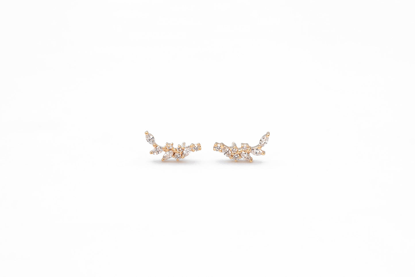 Yellow gold, marquise and round diamond climber earrings, front view