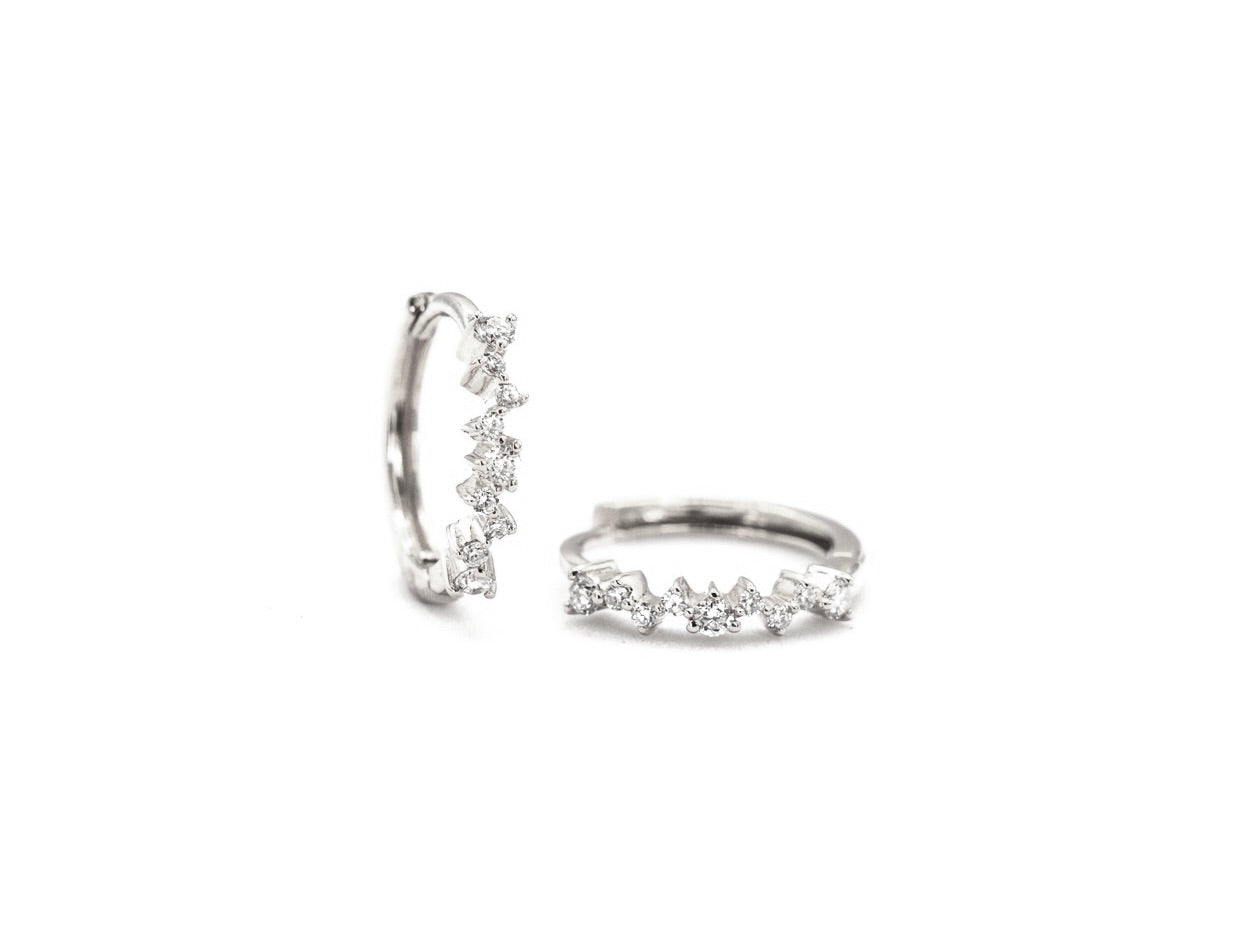 14k gold, scattered lab diamond hoop earrings, front and side view