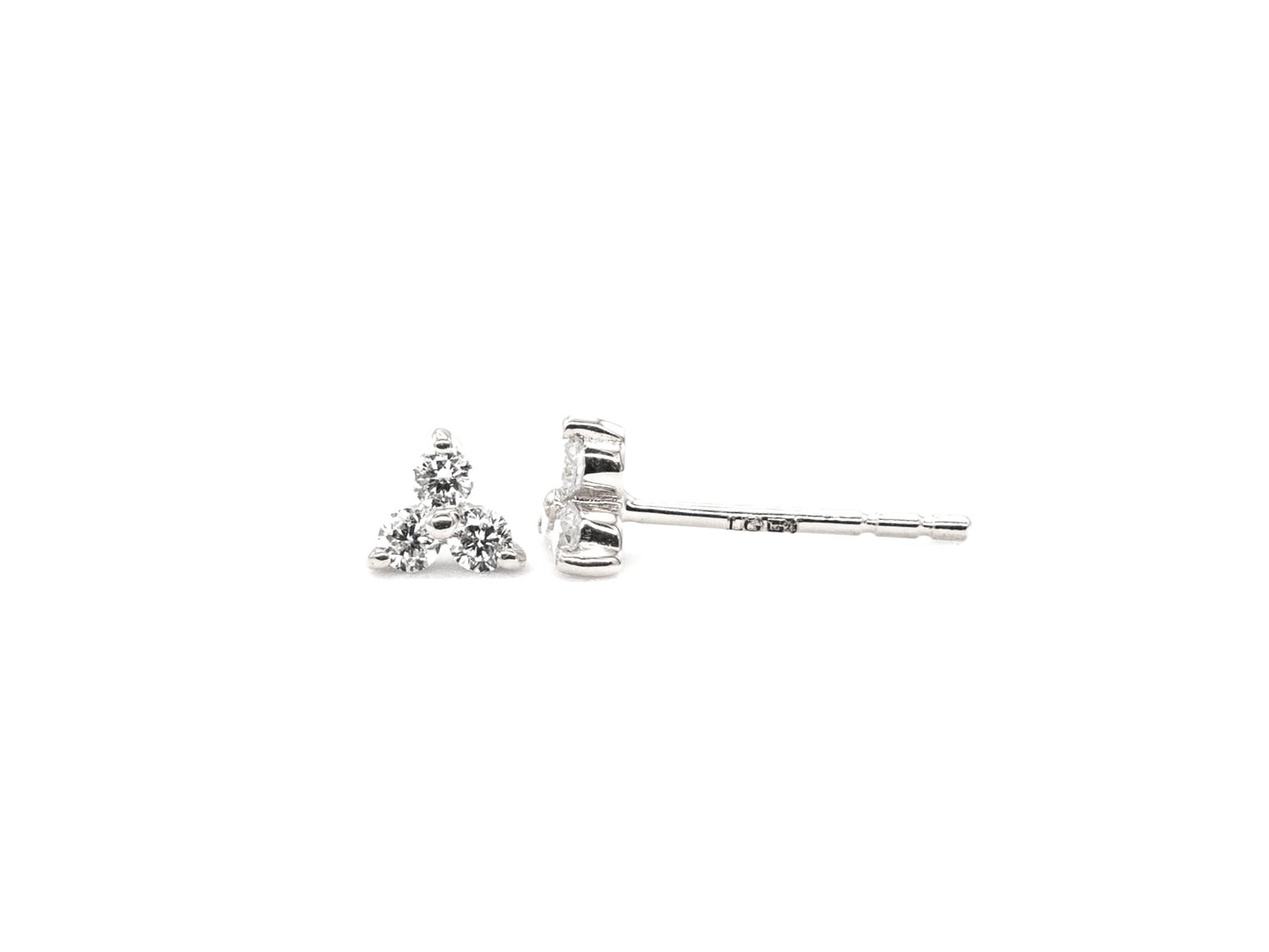 14k white gold, lab diamond, stud earrings, triple stone, front and side view