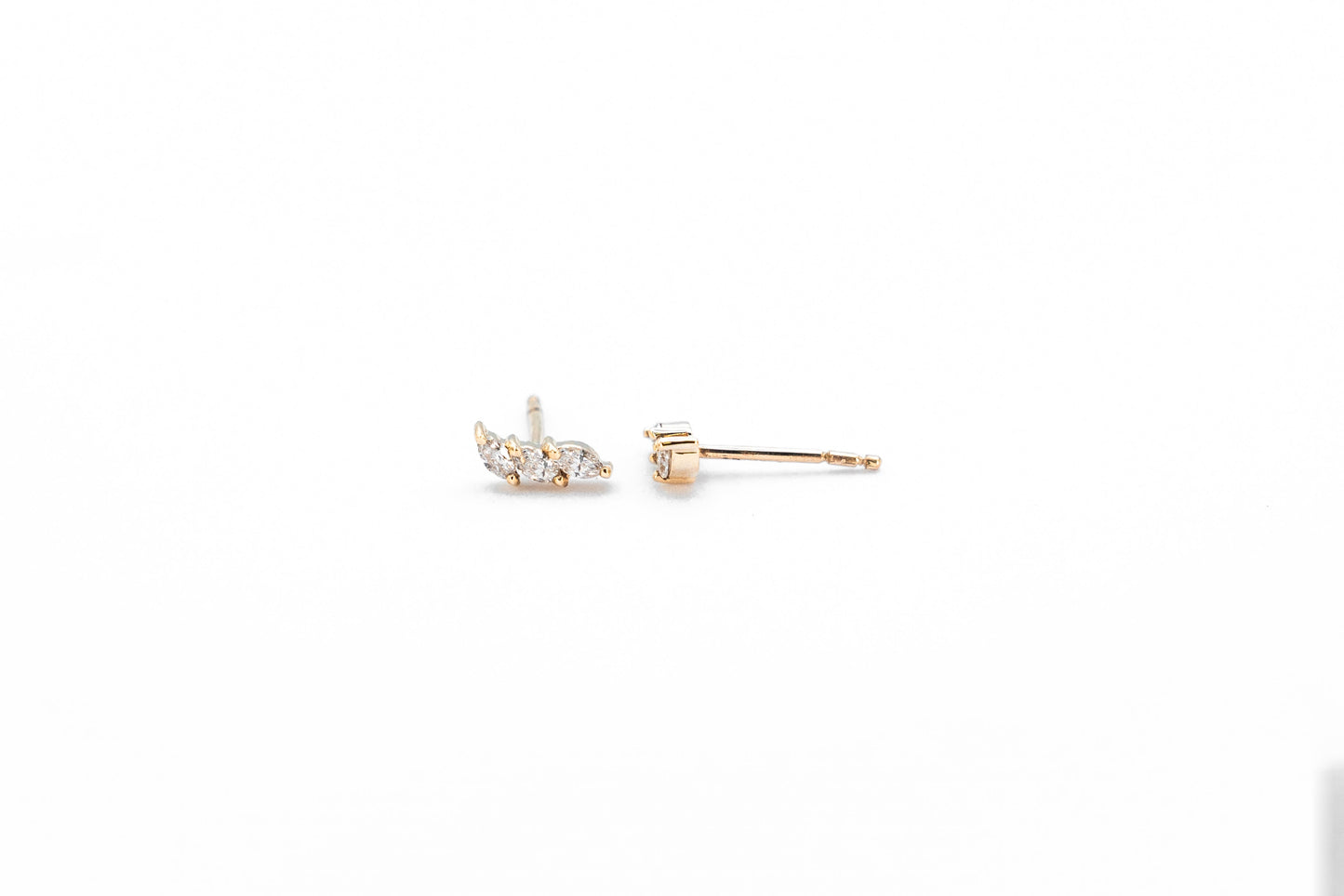 Yellow gold, marquise diamond climber earrings, front and side view