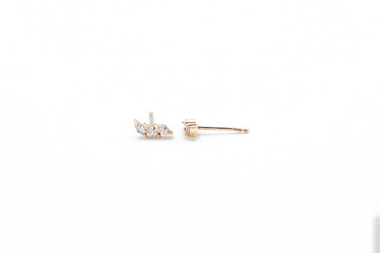 Yellow gold, marquise diamond climber earrings, front and side view