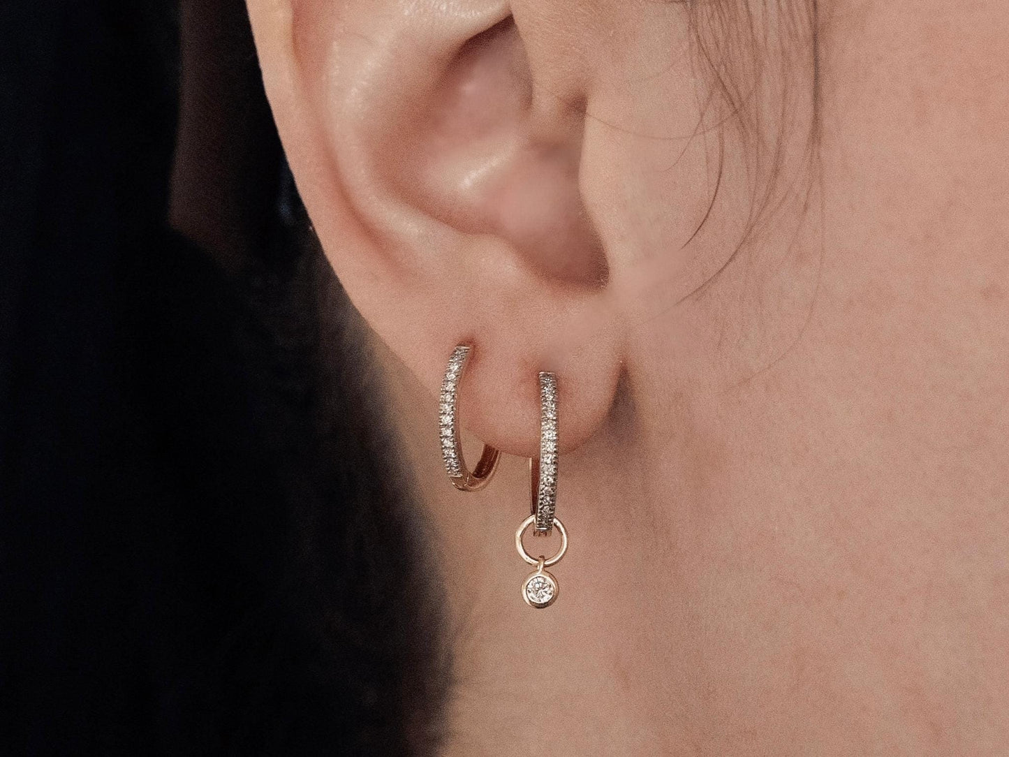 14k yellow gold, bezel lab diamond earring charms worn on ear, side view