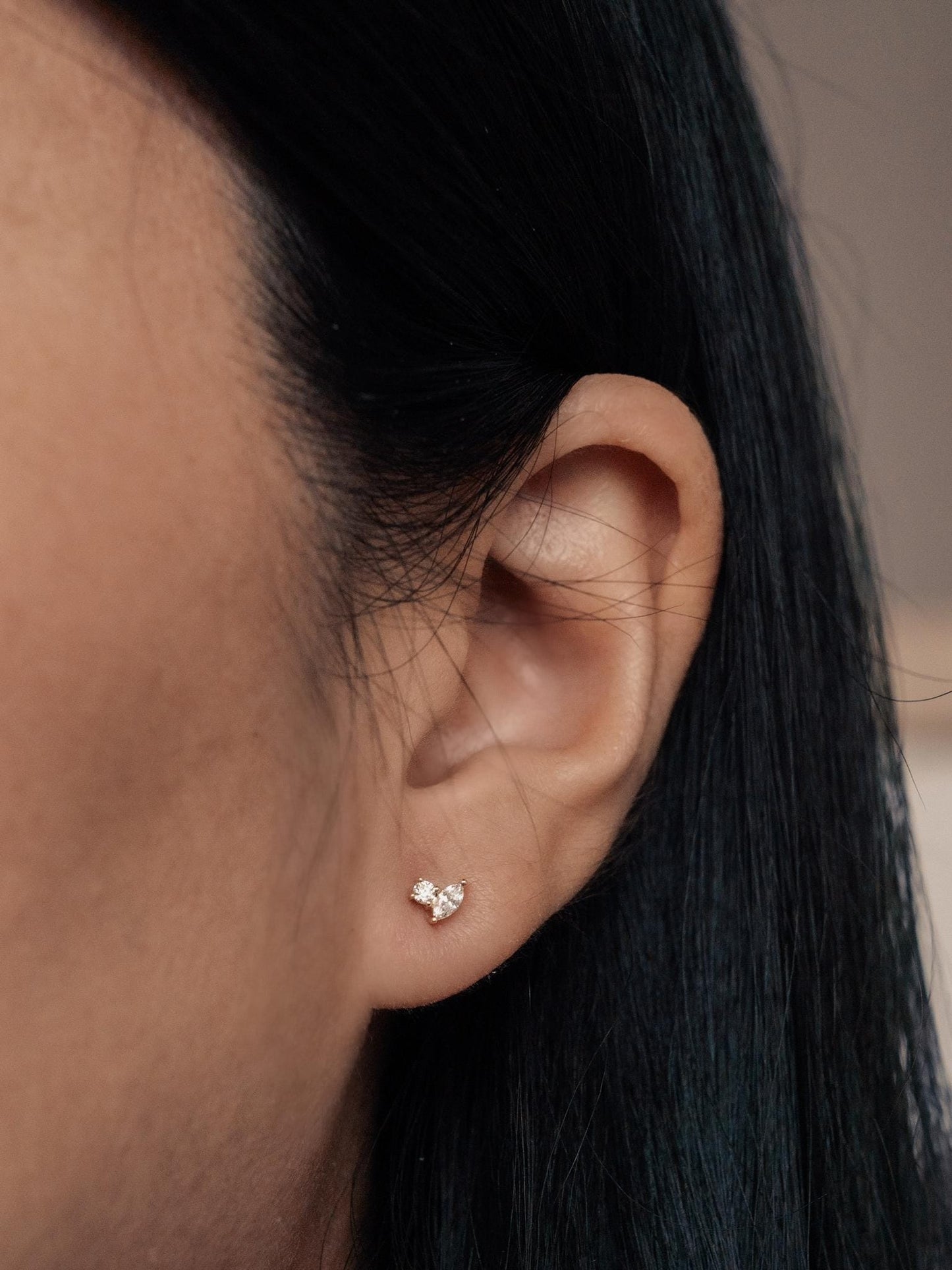 14k yellow gold, lab diamond, top et moi, stud earrings, front view, worn on ear