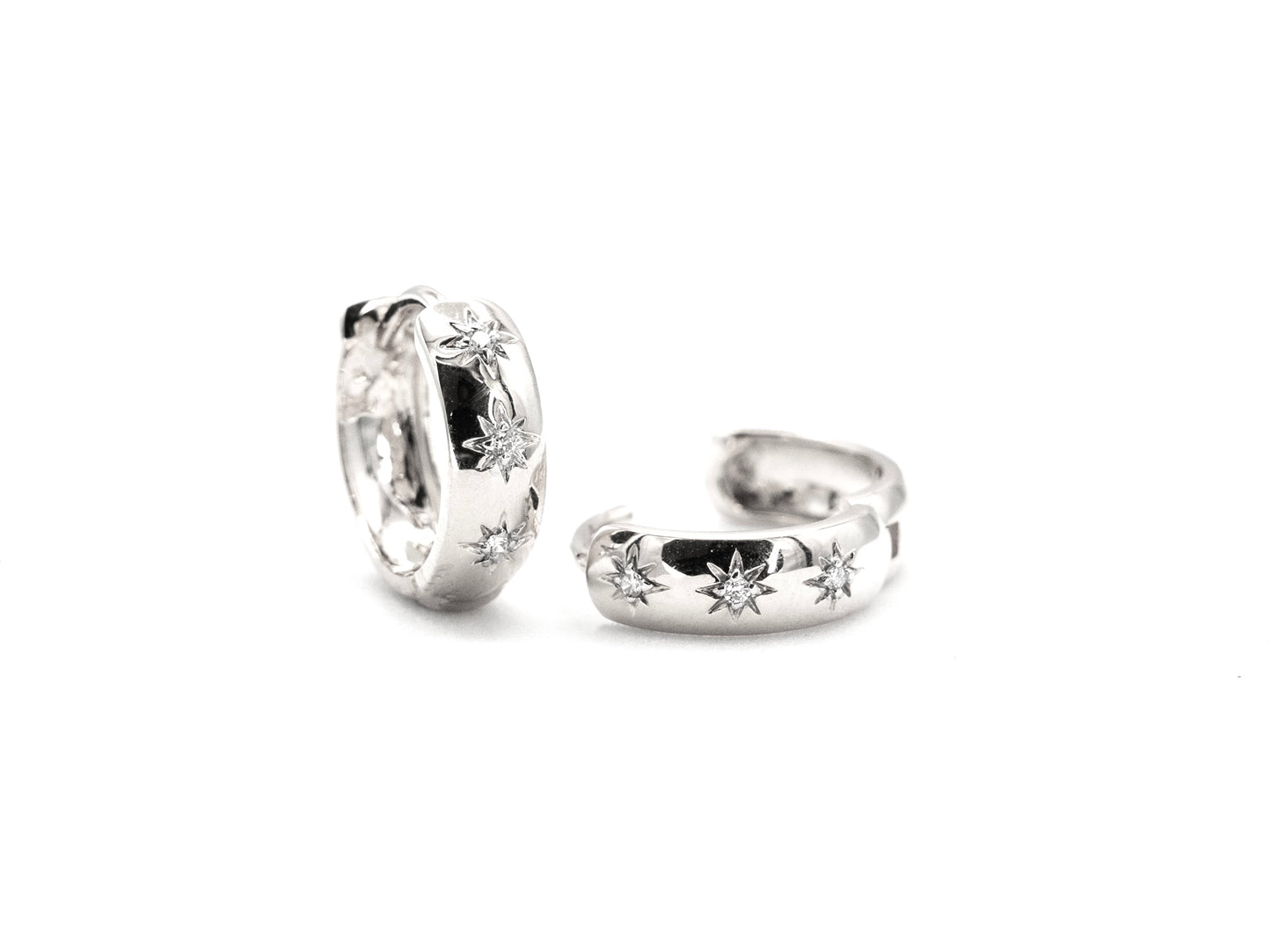 14k white gold, lab diamond North Star hoop earrings, front and side view