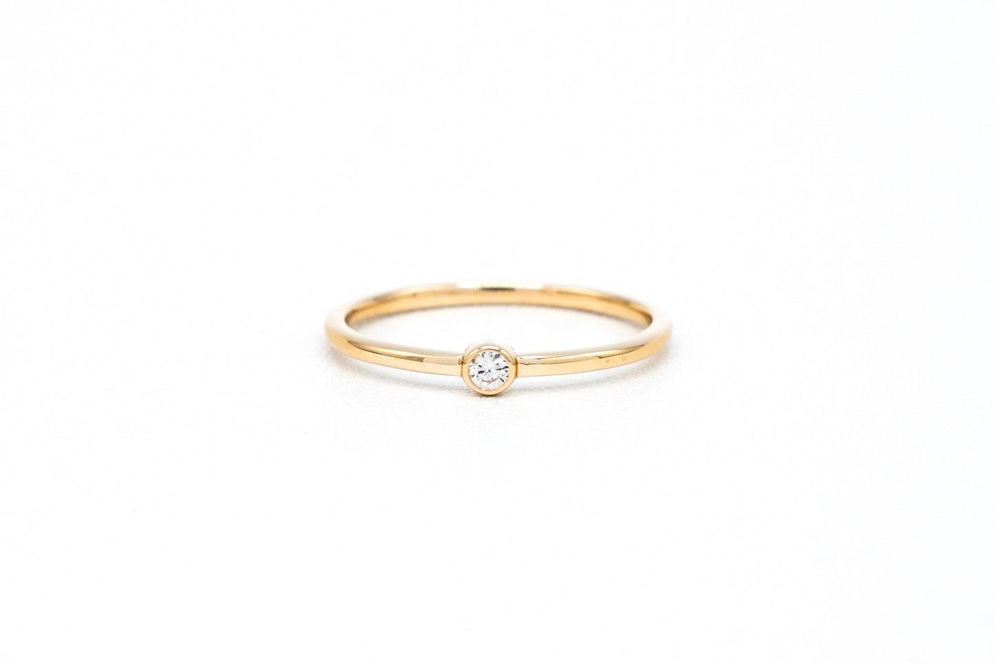 14k yellow gold, bezel, lab diamond, solitaire, stacking ring, front view