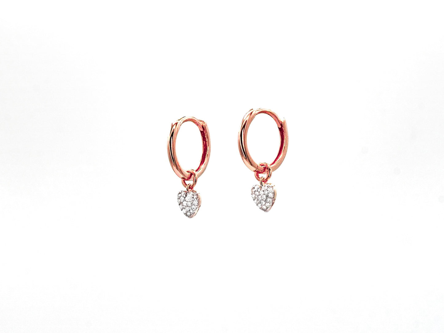 14k rose gold, lab diamond, heart earring charms, side view