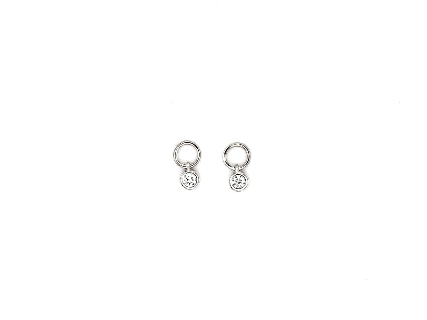 14k white gold, bezel lab diamond earring charms, top view
