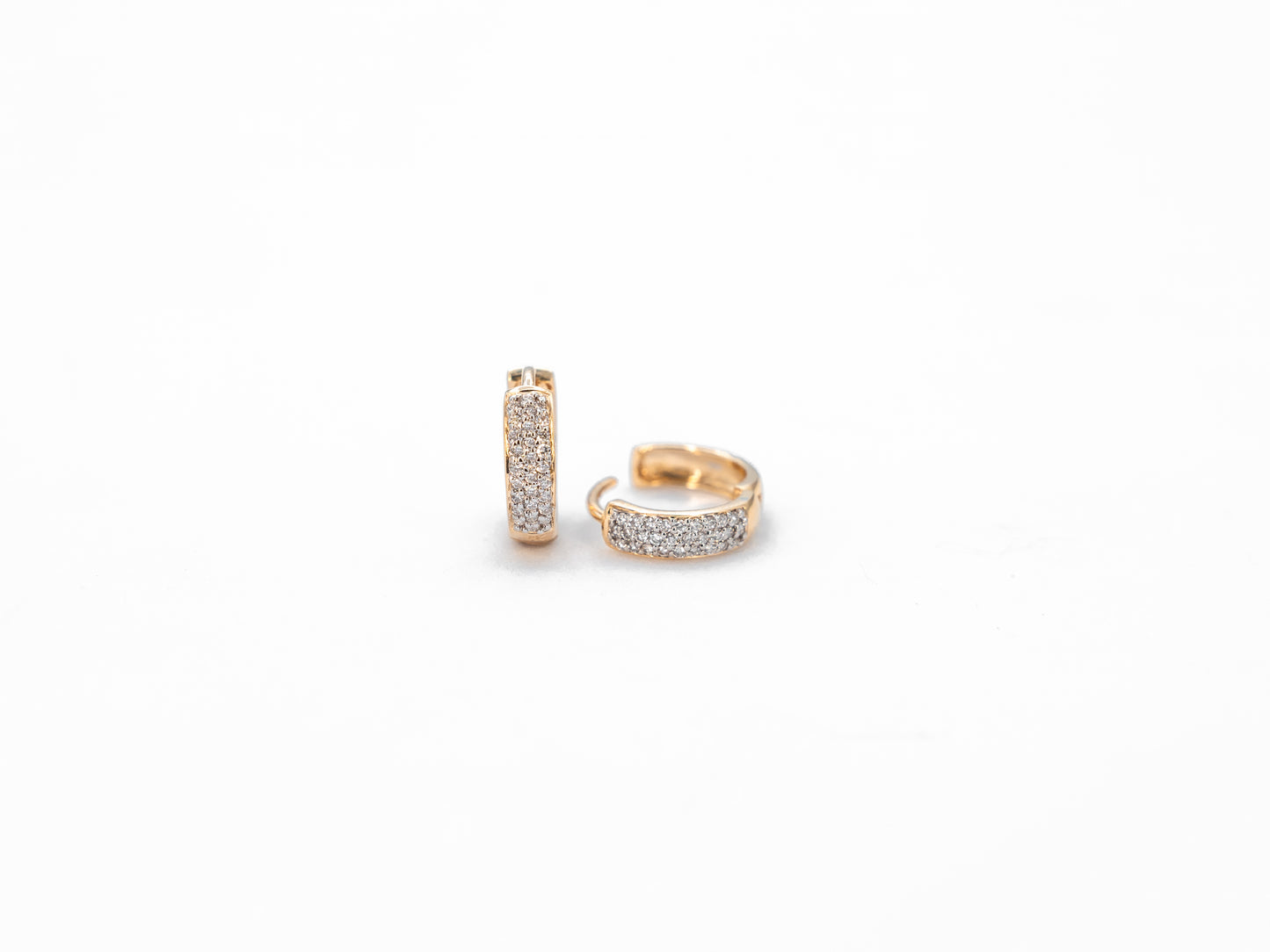14k yellow gold, pavé lab diamond hoop earrings, front and side view