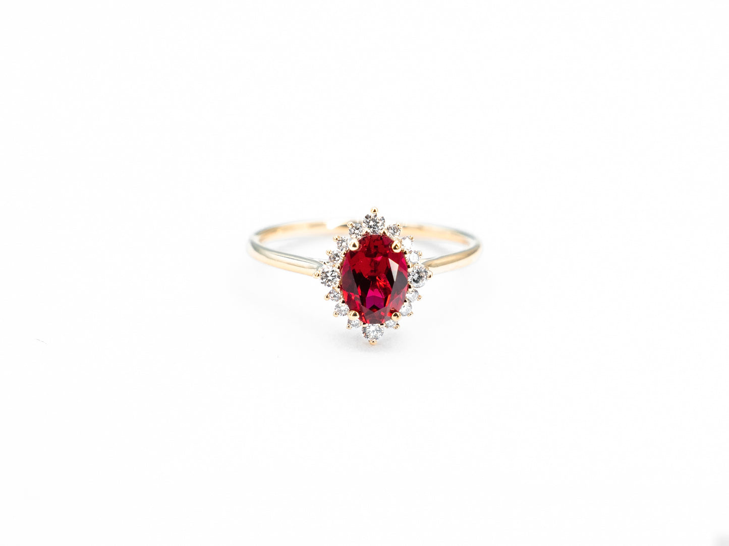 Vintage oval ruby and diamond yellow gold ring, front view