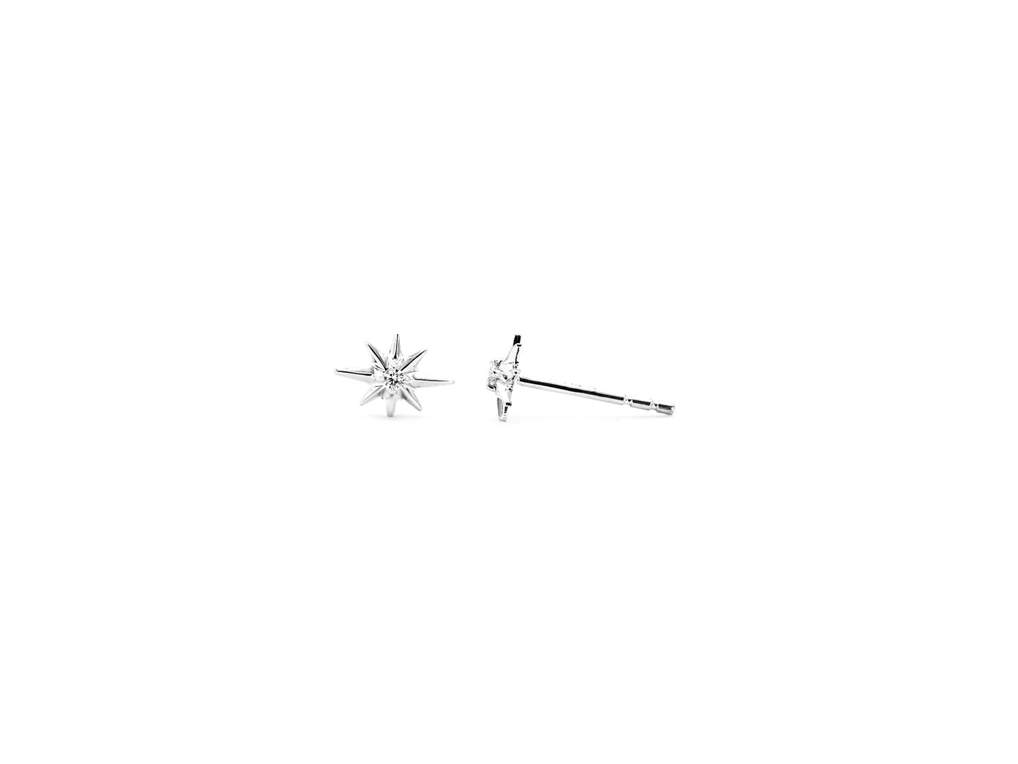 14k white gold, lab diamond North Star stud earrings, front and side view