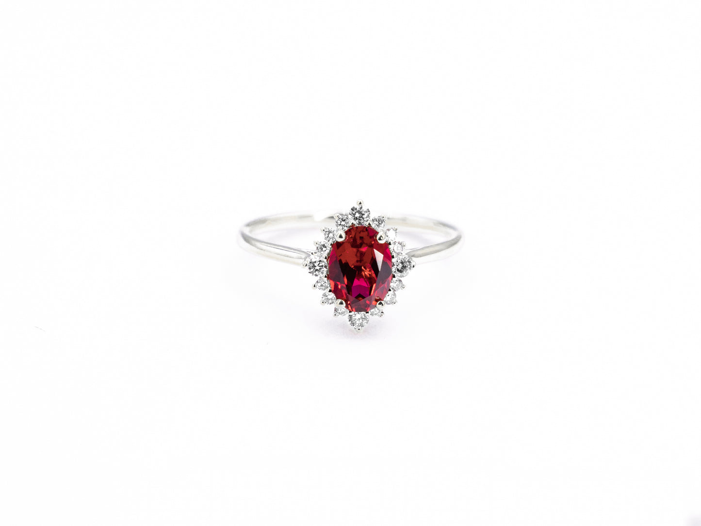 Vintage oval ruby and diamond white gold ring, front view