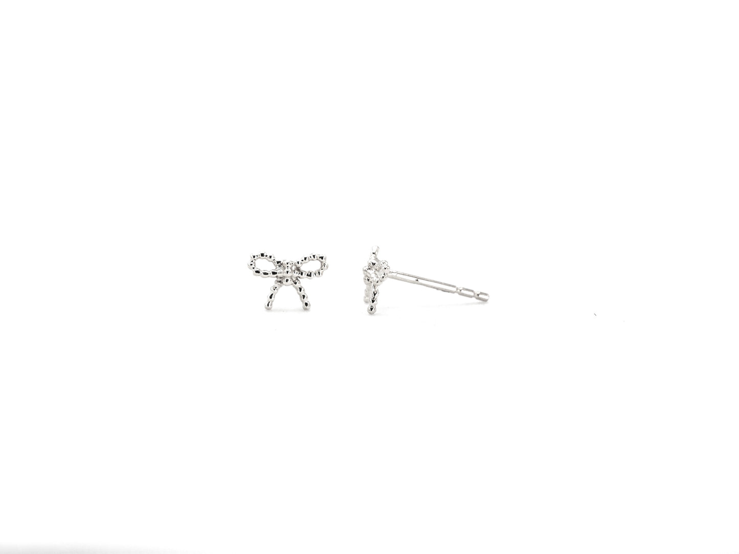 14k white gold, beaded bow stud earrings, front and side view