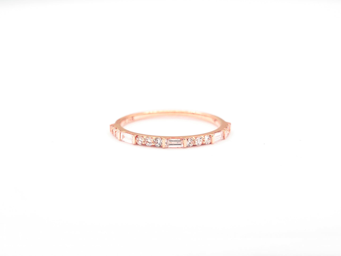 14k rose gold, baguette and round lab diamond ring, front view