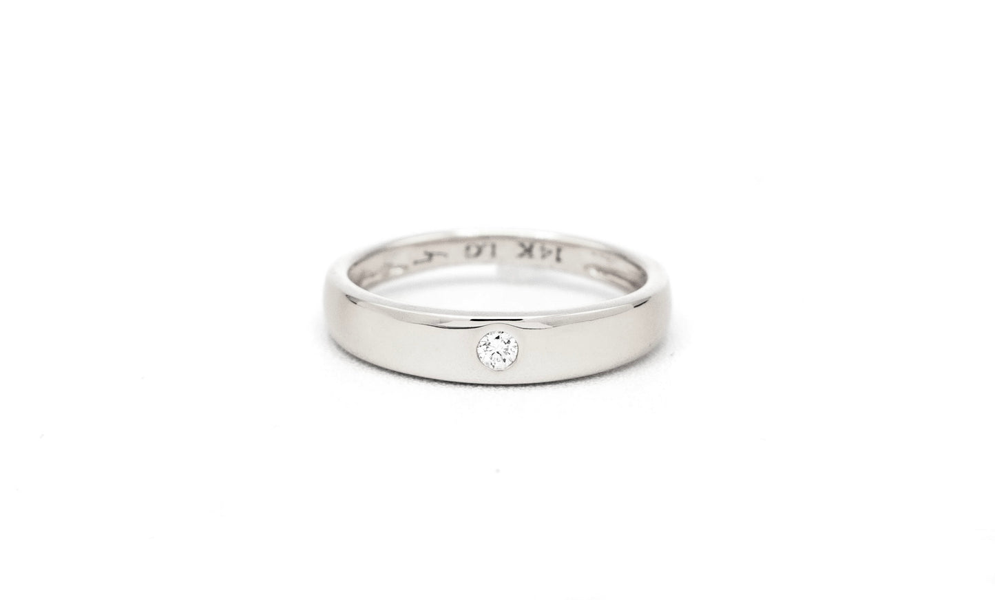 14k white gold, lab diamond, dome ring worn on hand, front view