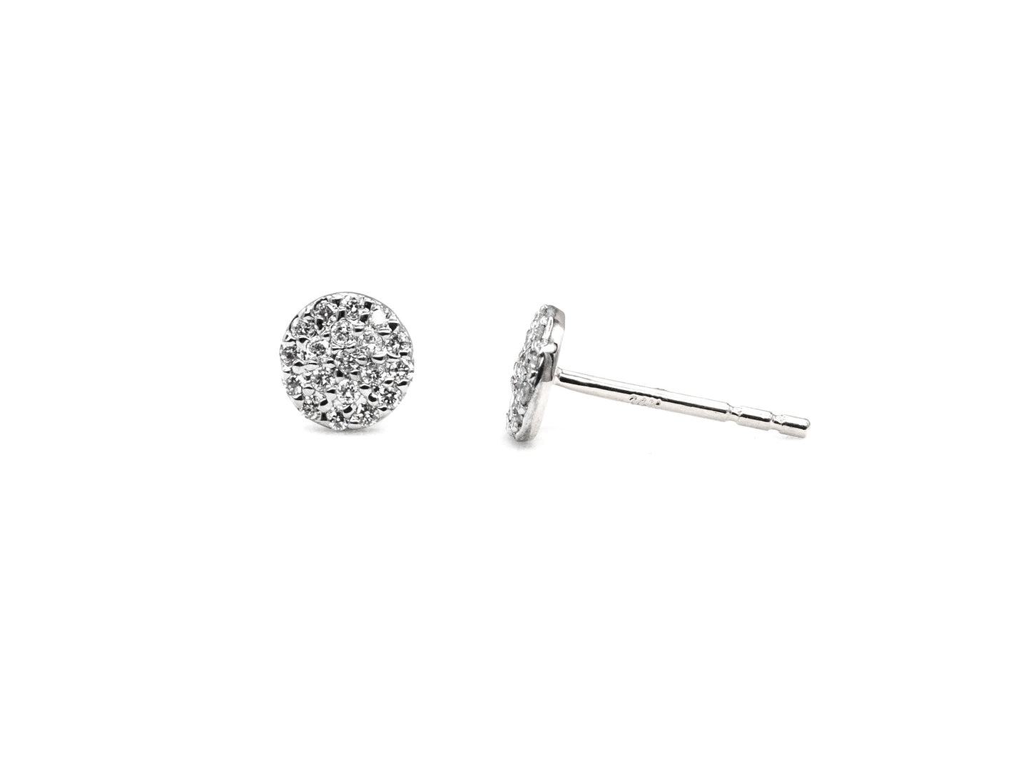 14k white gold, pave, lab diamond, cluster, stud earrings, front and side view