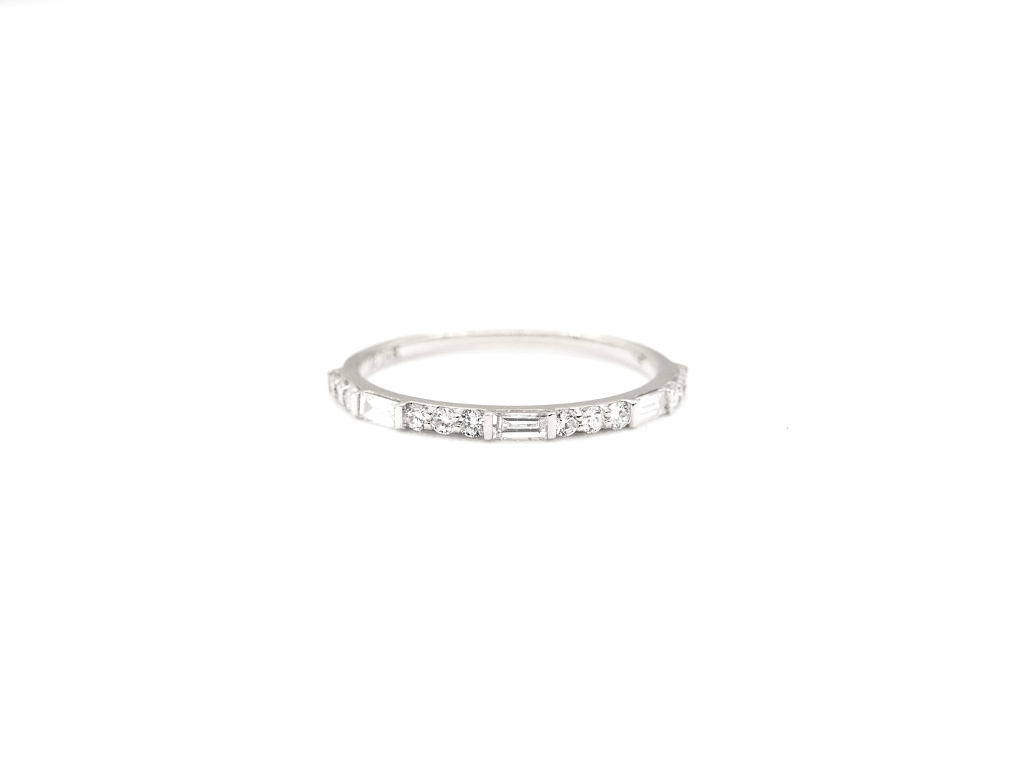 14k white gold, baguette and round lab diamond ring, front view