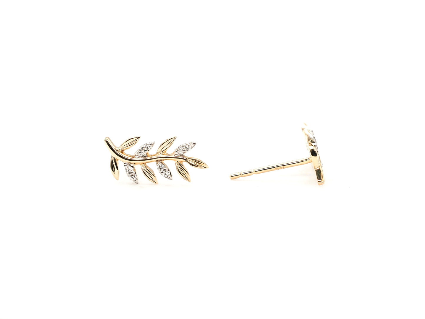 14k yellow gold, botanical, leaf, lab diamond, stud earrings, front and side view