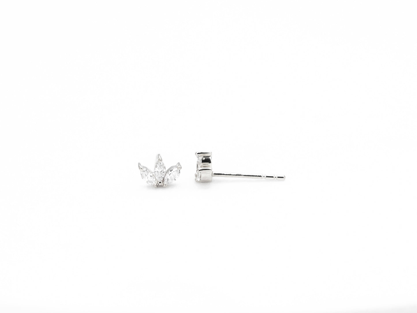 white gold marquise diamond stud earrings, front and side view