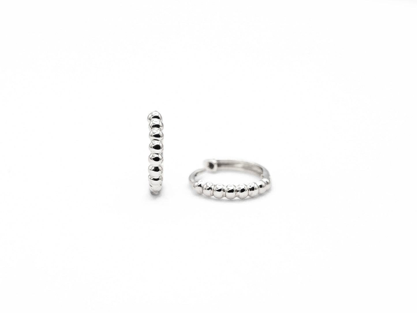 white gold, beaded hoop earrings front and side view