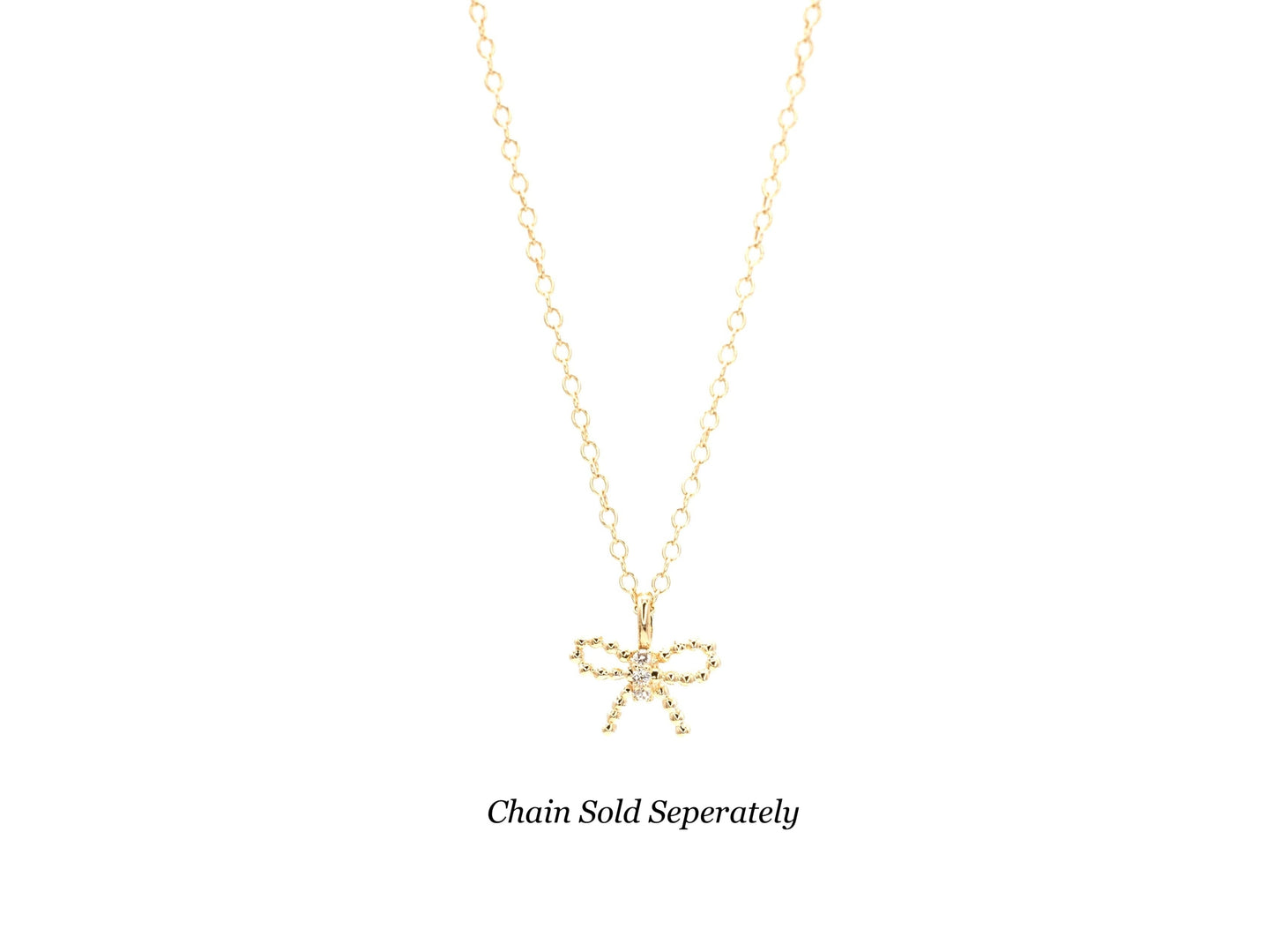 yellow gold, beaded bow diamond pendant, front view