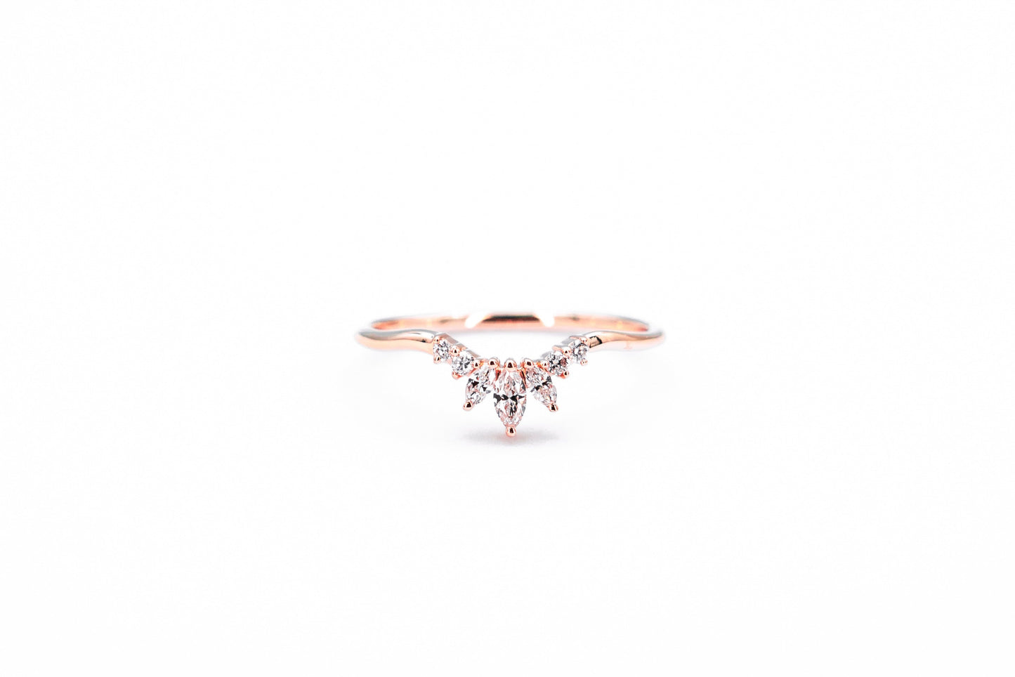 Vintage curved marquise diamond ring in rose gold front view