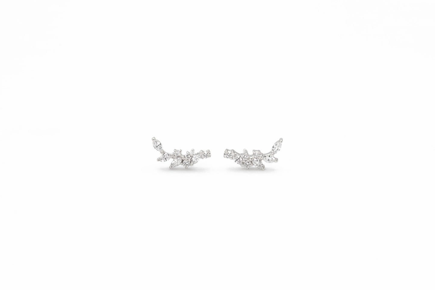 white gold, marquise and round diamond climber earrings, front view