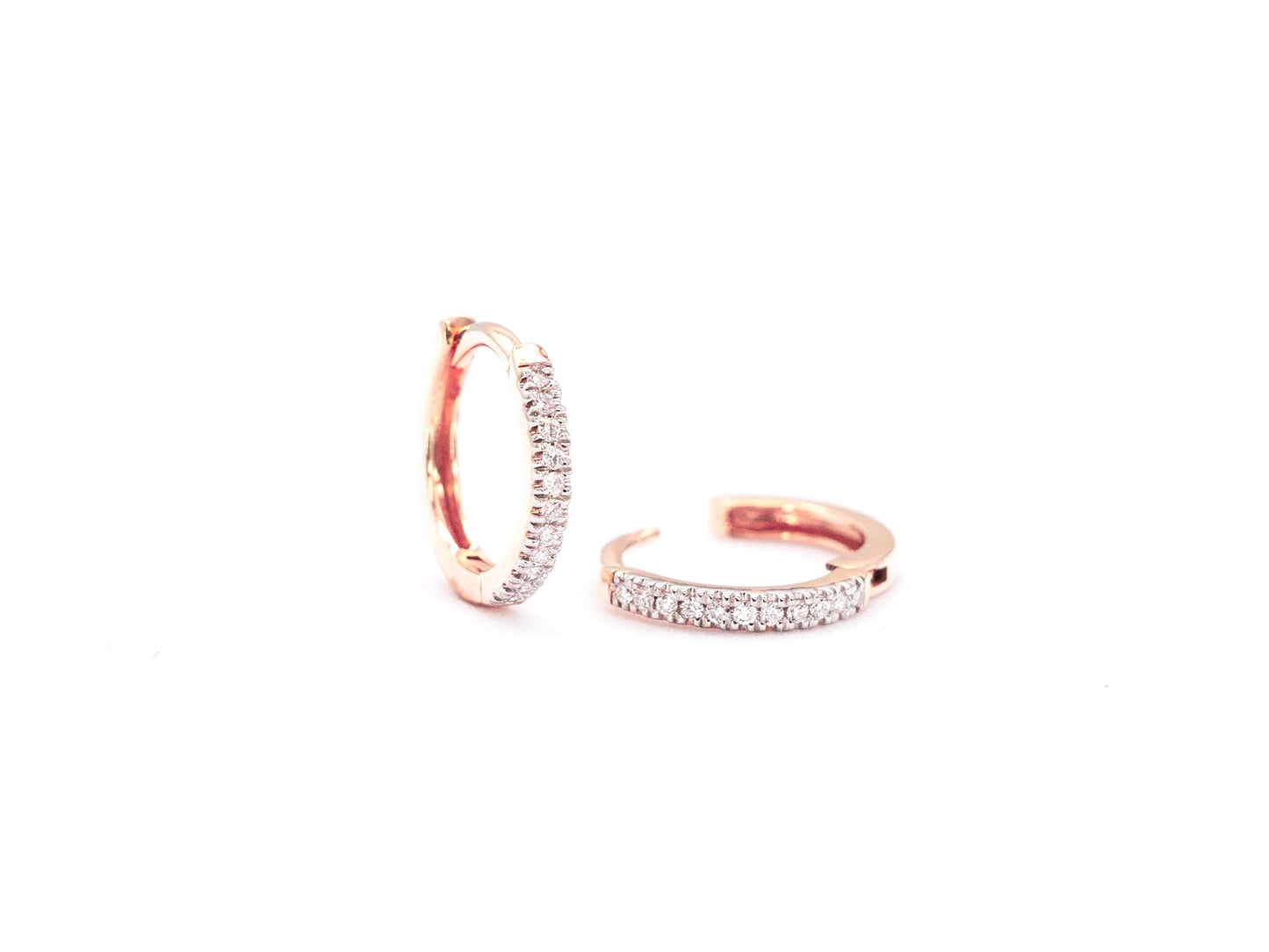 14k rose gold, lab diamond hoop earrings, front and side view