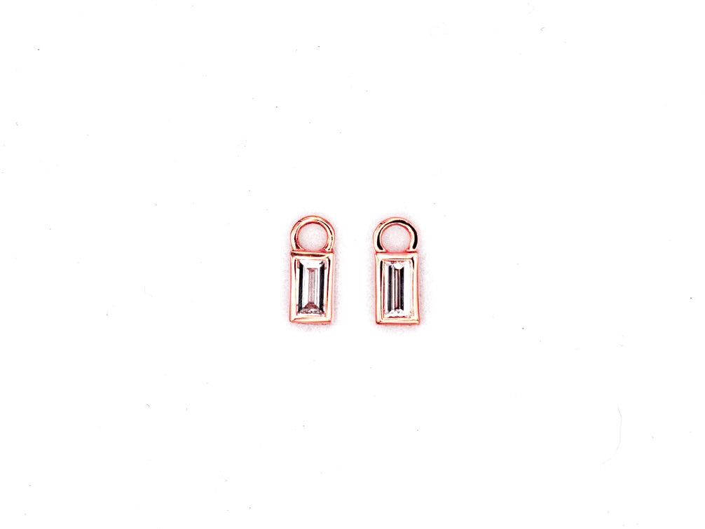 14k rose gold, baguette lab diamond earring charms, top view