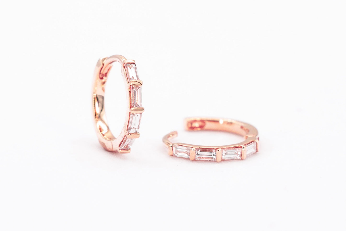14k rose gold, baguette lab diamond hoop earrings, front and side view