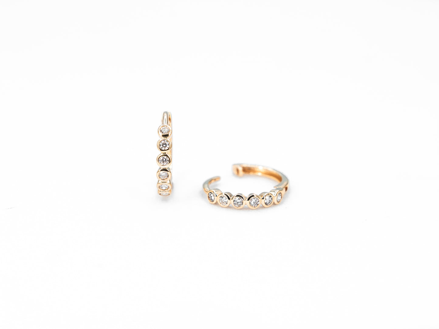 yellow gold, diamond bezel set hoop earrings, front and side view