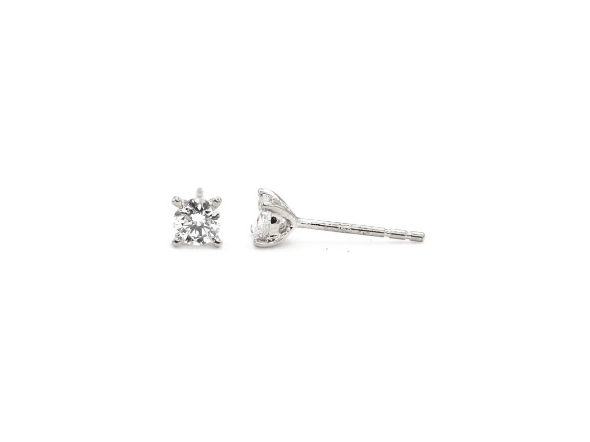14k white gold, stud earrings, solitaire, lab diamond, front and side view