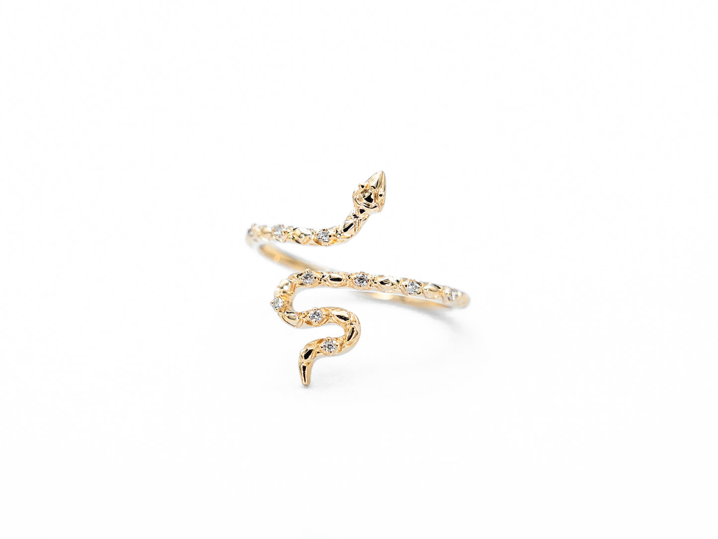 Snake shaped yellow gold diamond ring, front view