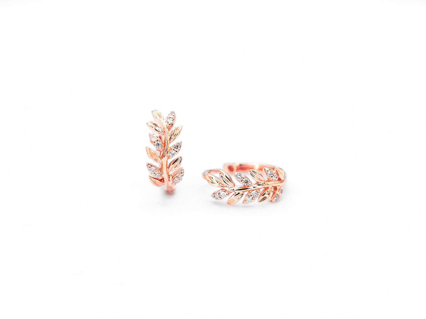 Rose gold, leaf shaped diamond hoop earrings, front view
