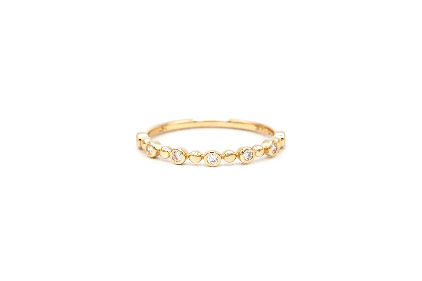 14k yellow gold, bubble bezel, stacking ring, lab diamond, front view