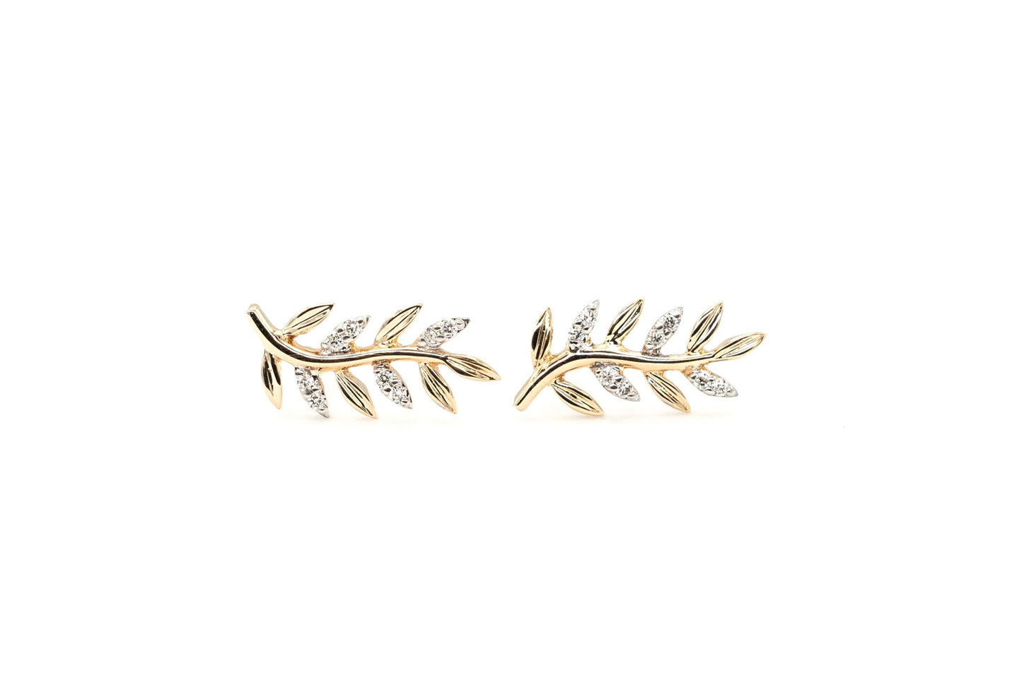 14k yellow gold, botanical, leaf, lab diamond, stud earrings, front view